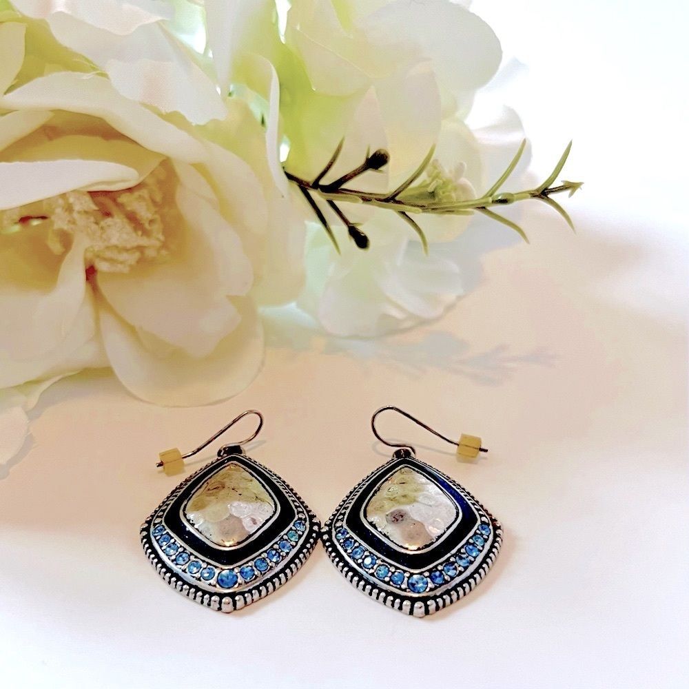 Vintage Silver Tone Blue Rhinestones Pierced Earrings